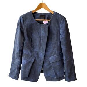 Donna Karan New York Abstract Blue Zip Front Moto Blazer Jacket Flap Pockets 6